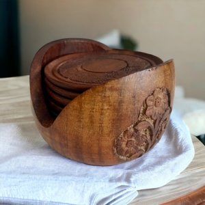 Vintage Hand Carved Sheesham Wood Coasters ( 5)  w/ Floral Carved Holder